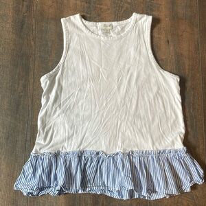 J. Crew White Tank with a Ruffled Pin Stripe Hem Size Small